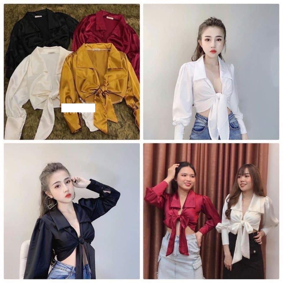 Áo phi lụa cổ sơ mi phối buộc nơ eo xinh xắn mẫu hot hit kiểu xinh xắn