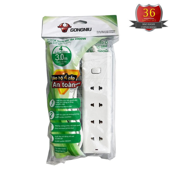 [HCM]Ổ cắm điện Gongniu 3m (4 ổ 2 + 1 công tắc)