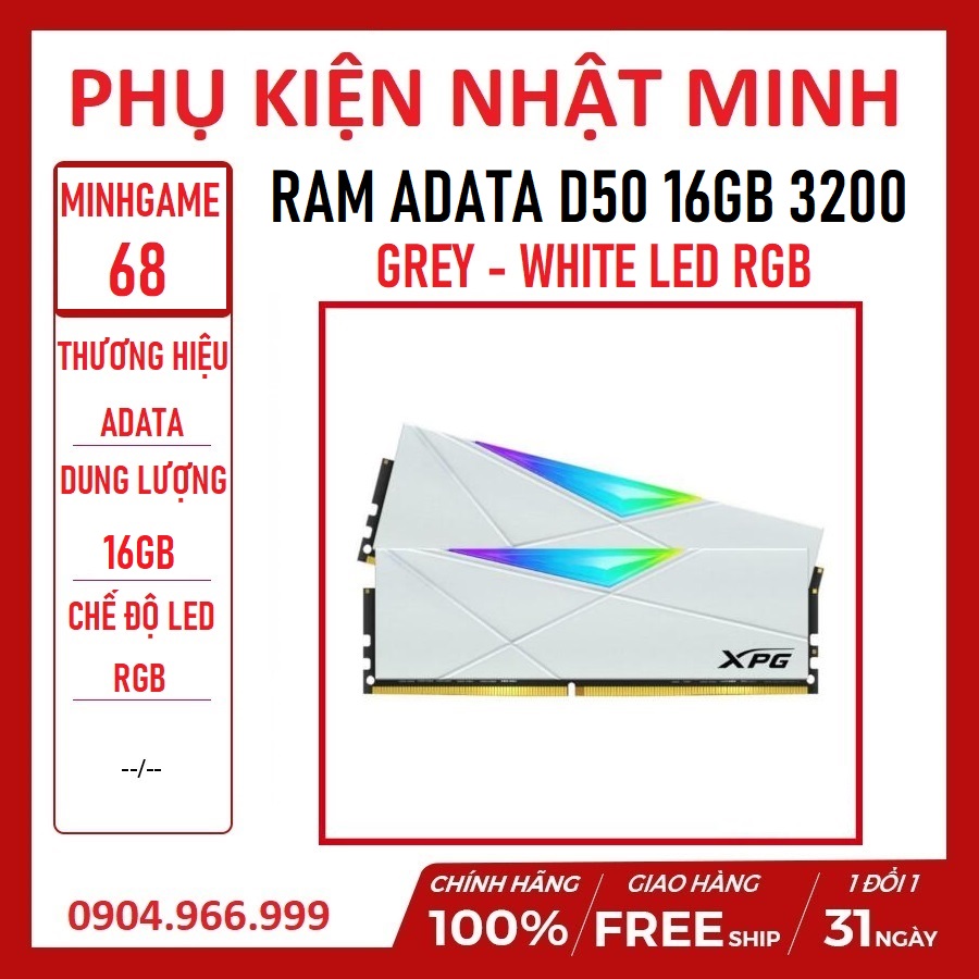 PHỤ KIỆN NHẬT MINH Ram ADATA D50 16GB 3200 GREY - WHITE LED RGB NEW chính