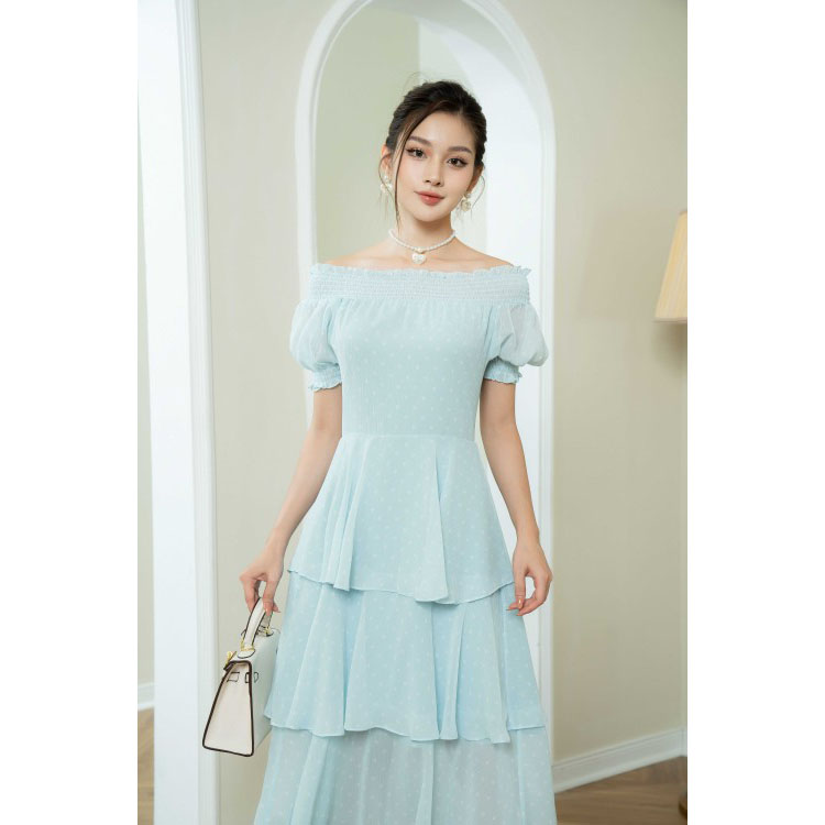 Đầm voan trễ vai chấm bi SIXDO (Polka Dot Midi Voile Dress)