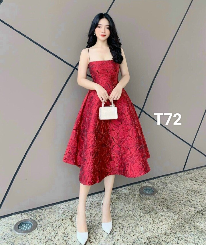 [HCM]Đầm dạ tiệc cao cấp đầm gấm hoa Đỏ và trắng đầm dạ tiệc siêu dễ thương Có Mút T72