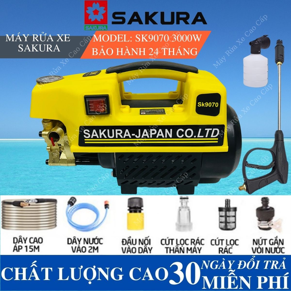Máy rửa xe sakura 3000w dây 15m - máy xịt rửa gia đình áp lực cao - máy rửa xe mini sakura tặng kèm bình bọt