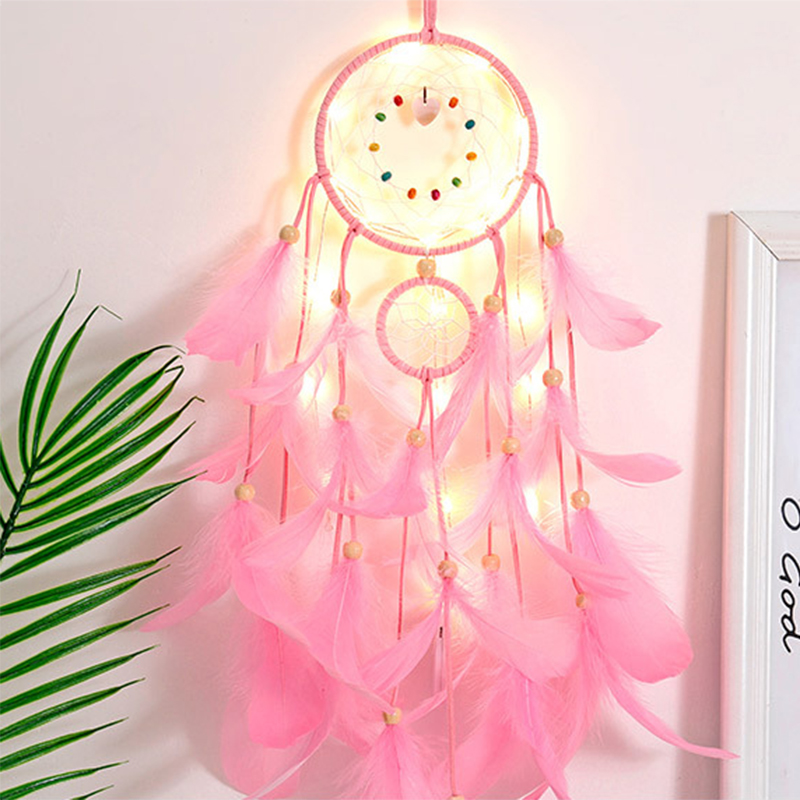 Vòng dreamcatcher lông vũ có đèn led treo tường trang trí phòng ngủ tặng kèm móc treo tường