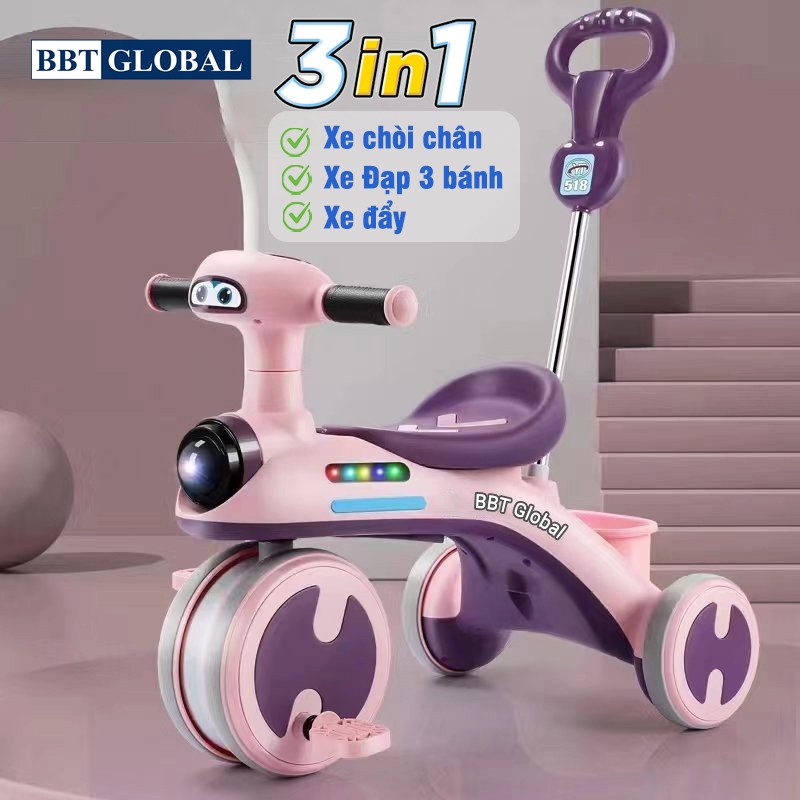 Xe đạp 3 bánh đa năng 3 IN 1 cho bé có đèn và nhạc - xe đẩy, xe đạp, xe chòi chân 3 trong 1 BBT GLOBAL Q10M