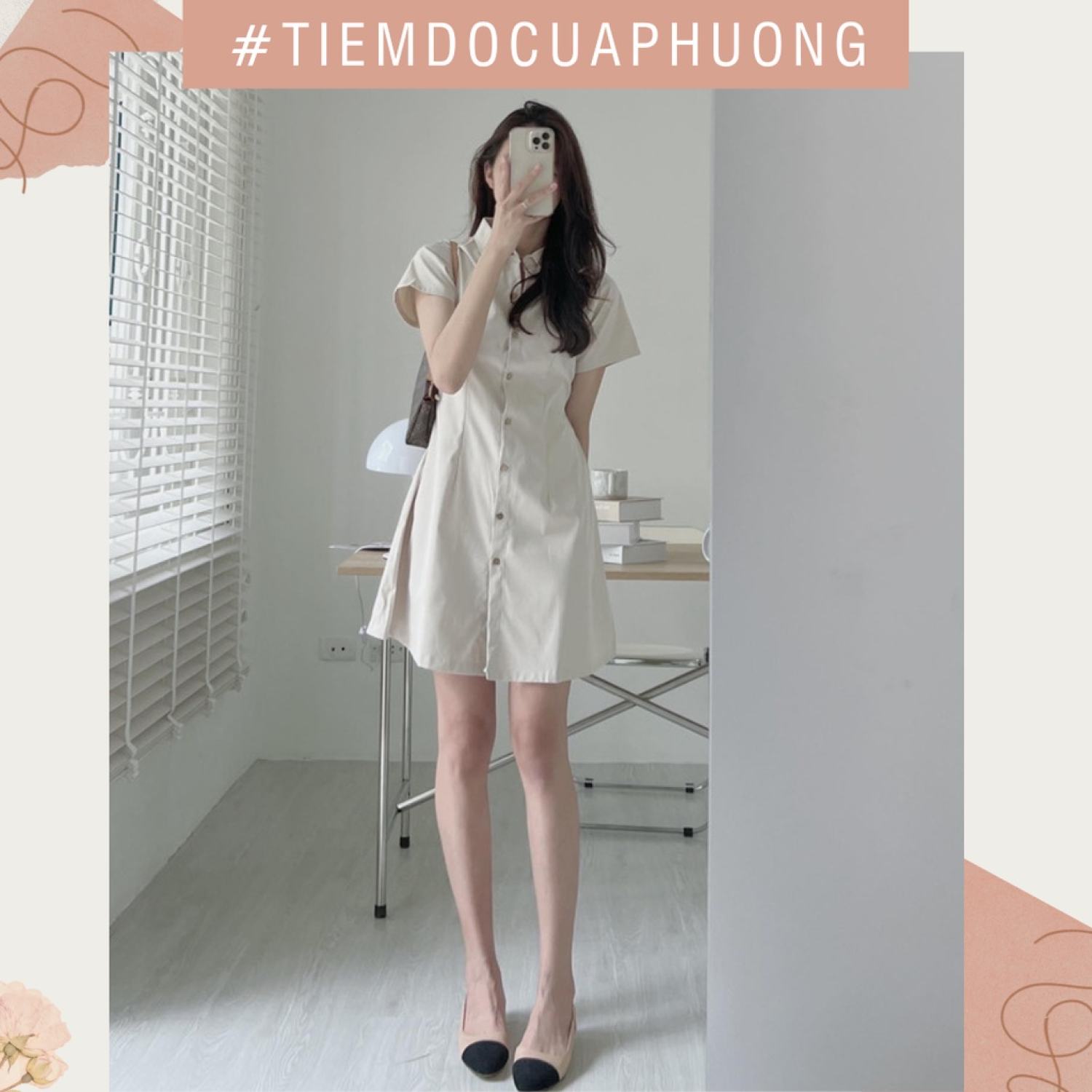 Váy/đầm sơ mi dáng suông chất kaki mềm có chun lưng