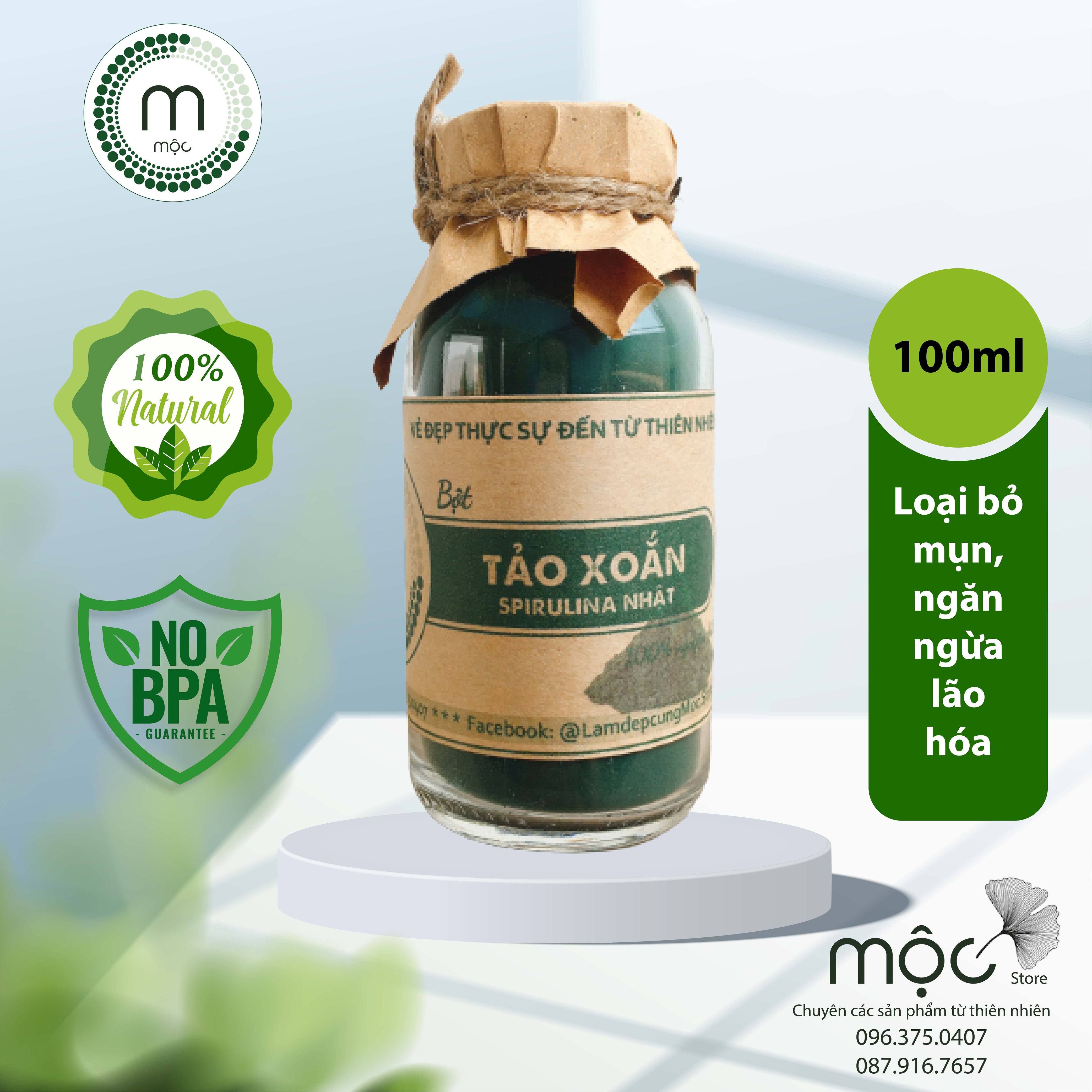 Bột mặt nạ Tảo Xoắn Spirulina Nhật bản MỘC nguyên chất dưỡng ẩm trắng da ngăn ngừa mụn làm mờ nếp nhăn túi 10g, 30g và chai 100ml (70g)