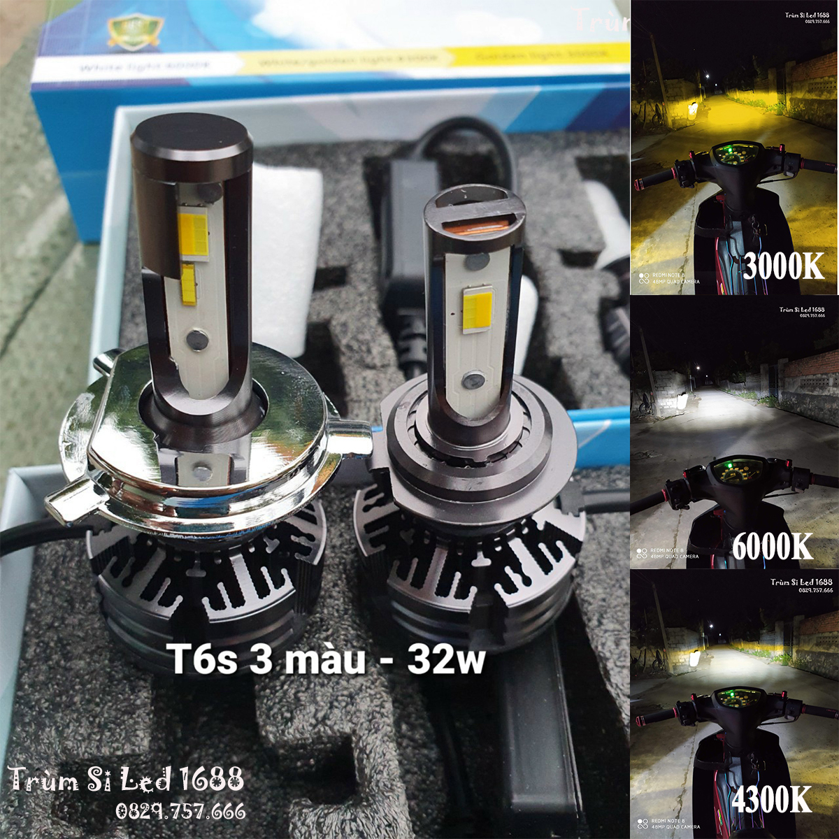 Đèn pha LED T6 3 màu  chíp led taiwan Cao cấp - 32w-Bảo hành 1 năm. Dành cho Oto,xe máy