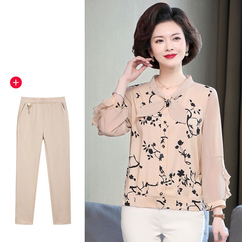 Set áo sơ mi voan hoa nữ quần áo dài tay phong cách phương tây của mẹ set ao và quần set ao và quần ống rộng