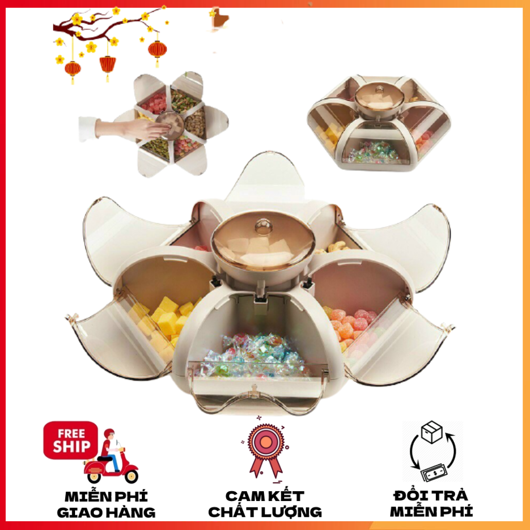Khay đựng bánh kẹo, mứt tết 6 cánh hoa tự bung cao cấp, sang trọng