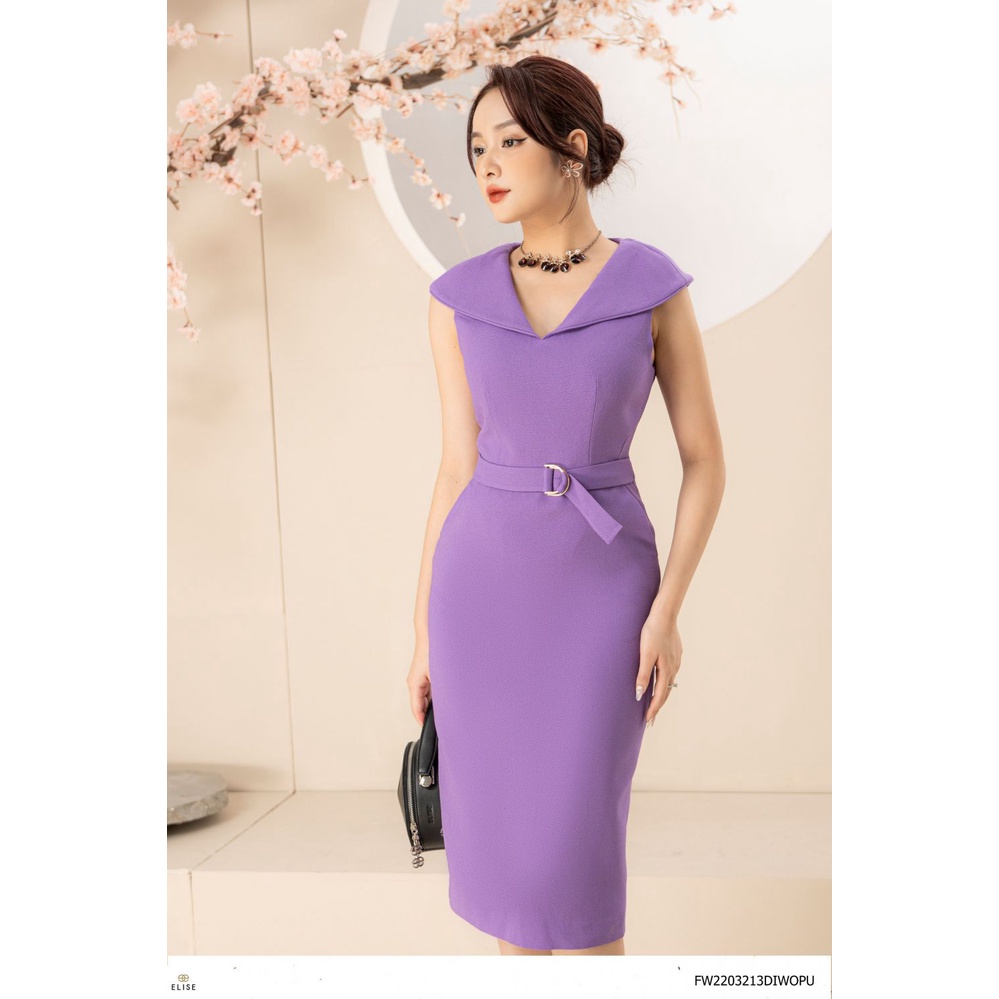 Đầm tím đậm cổ tim đai eo thiết kế elise fw2203213diwopu