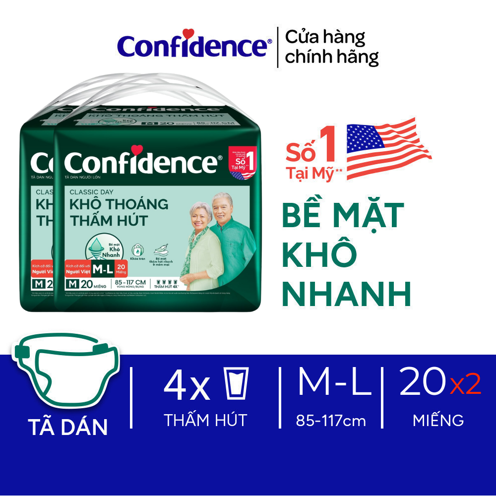 Combo 4 Tã dán ngưới lớn Confidence Thấm Hút Vượt Trội & Khô Thoáng M-L 8M/L-XL 7M