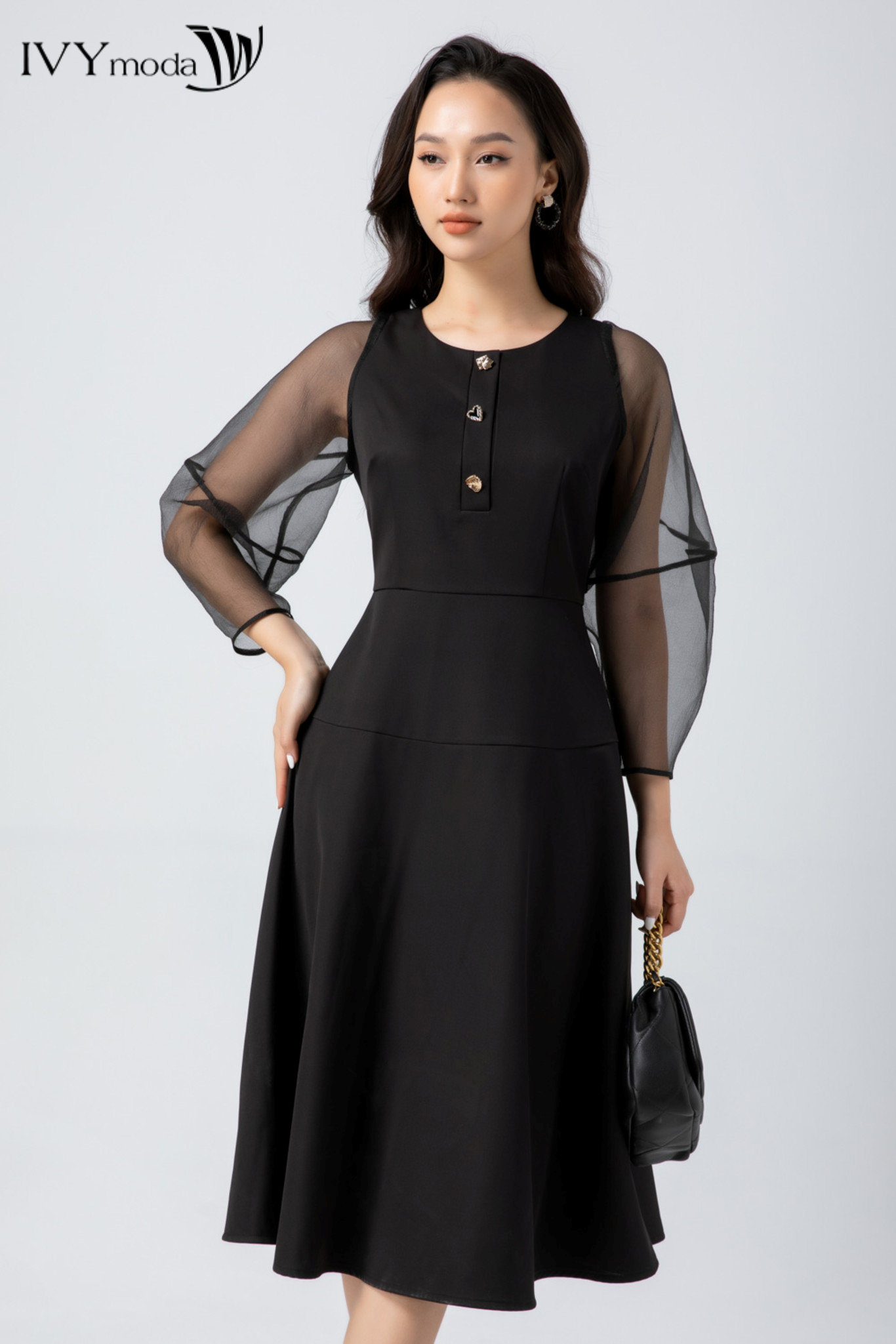Đầm xòe tay phối lưới IVY moda MS 48M7048