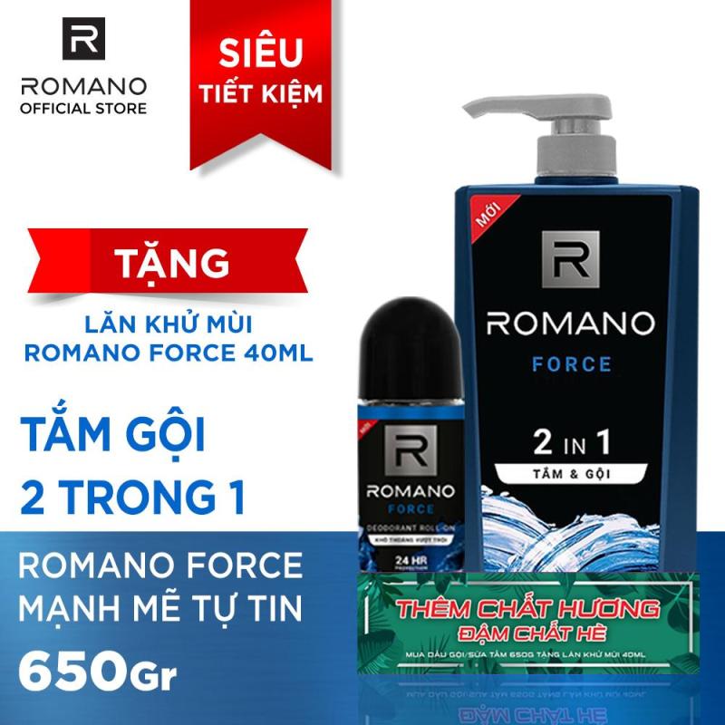 Tắm gội 2 trong 1 Romano Force mạnh mẽ tự tin phiên bản deluxe nhanh chóng tiện dụng 650gr - tặng lăn khử mùi Romano Force 40ml