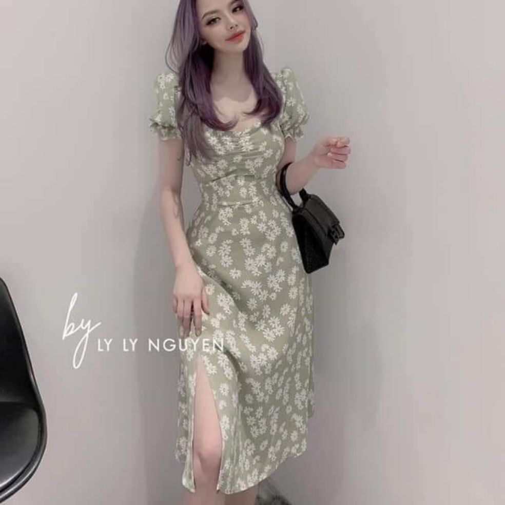 [HCM]Đầm cúc họa mi tay phồng xẻ tà