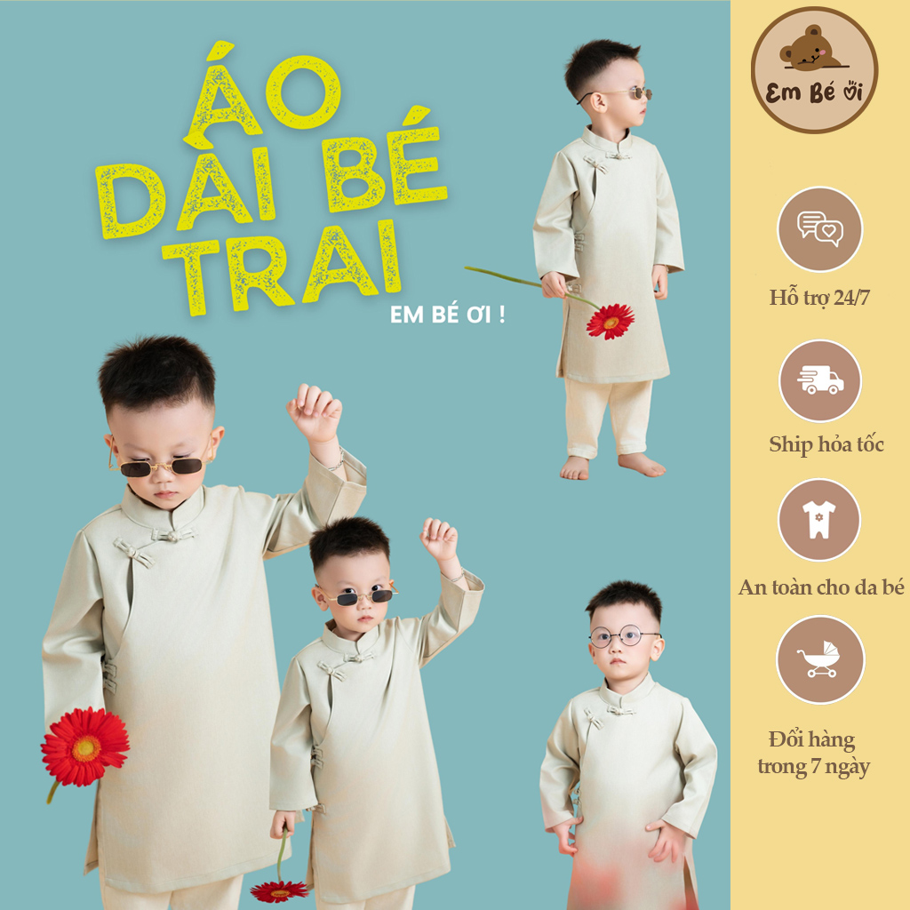 Áo dài tết cho bé trai, áo dài form rộng thoải cho bé trai - em bé ơi- ad03