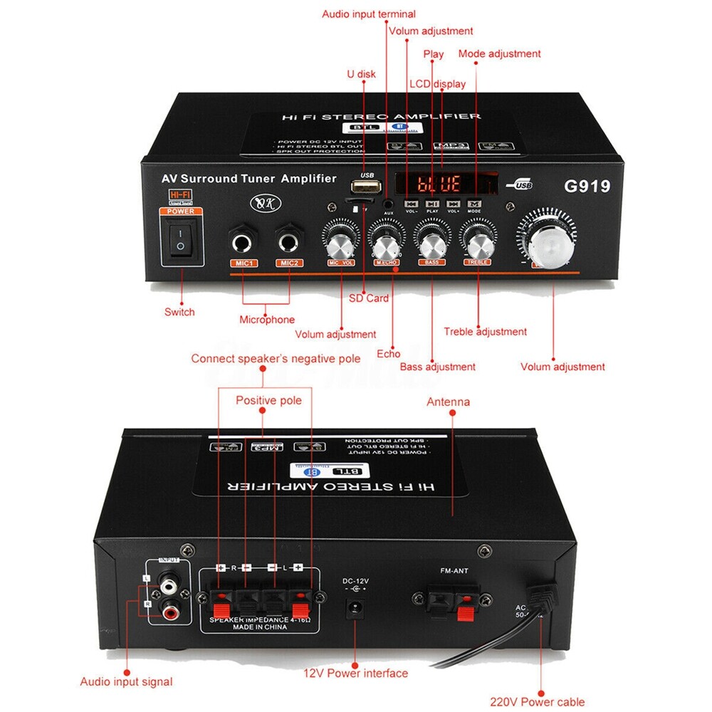 Ban Đầu 600W 220V/12V Protable Bộ Khuếch Đại Mini Âm Thanh HiFi Stereo Bộ Khuếch Đại Công Suất Đầu Thu Bluetooth 2 CH AMP