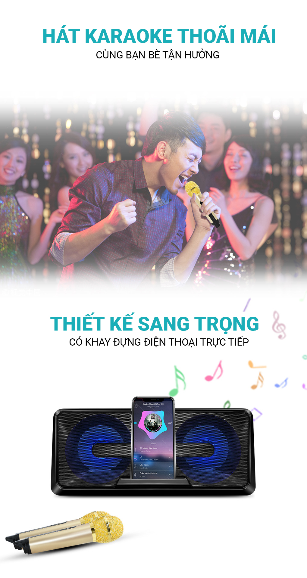 [HCM]Loa nhật công suất lớn Loa Thùng Bluetooth Hát Karaoke hay Loa Bluetooth Karaoke SDRD SD-301+ Kèm 2 Mic Không Dây.Loa karaoke bluetooth có giá đỡ điện thoại.