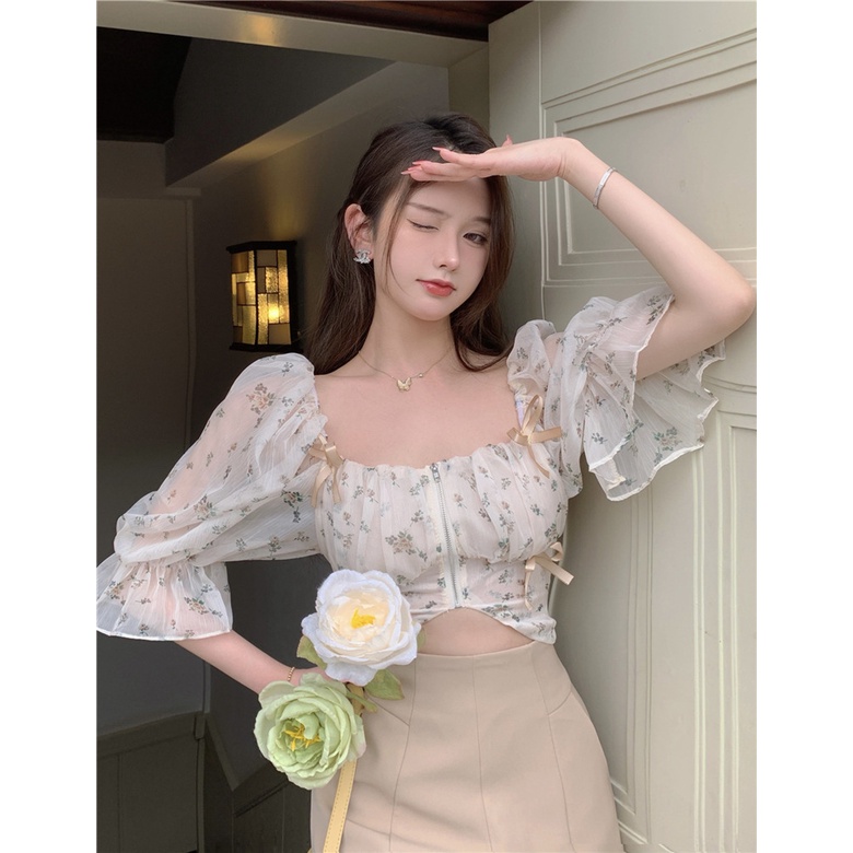 Áo Tiểu Thư Áo Chiffon Croptop Vải Voan Tay Phồng Cổ Vuông Khóa Kéo Trước Hoa  Nhí Hàn Quốc Xinh Xắn Ulzzang - Mixasale