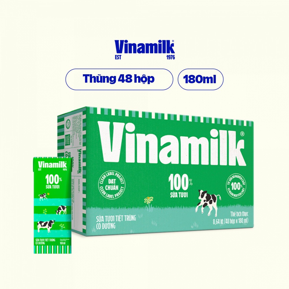 Thùng 48 Hộp Sữa Tươi Tiệt Trùng Vinamilk 100% 180ml - bao bì mới