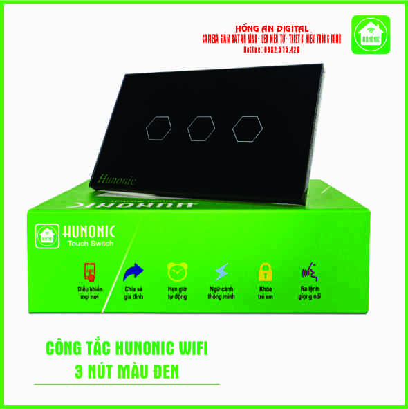 Công Tắc Hunonic Wifi 3 nút Màu Đen