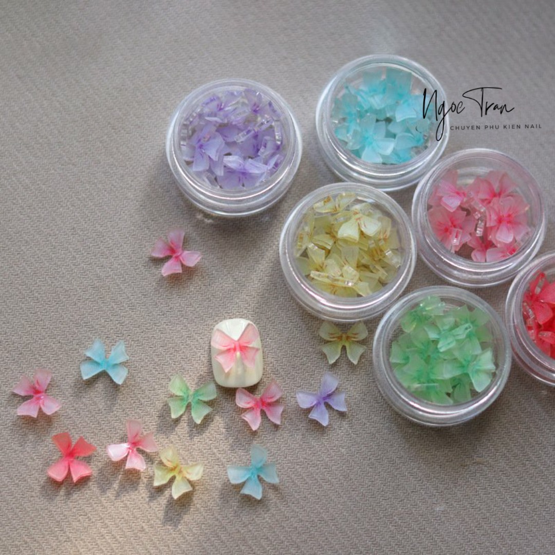 Set 6 Phụ Kiện Nơ Pha Lê Trong Đủ Màu | Ba Chiều Trang Trí Móng