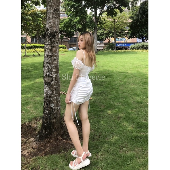 Chân váy lụa ôm dây rút có quần trong [Shi.Lingerie]
