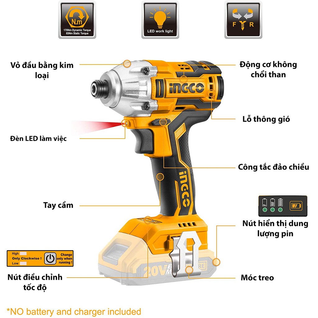 [HCM]Body máy siết vít dùng pin 20v Ingco CIRLI2002