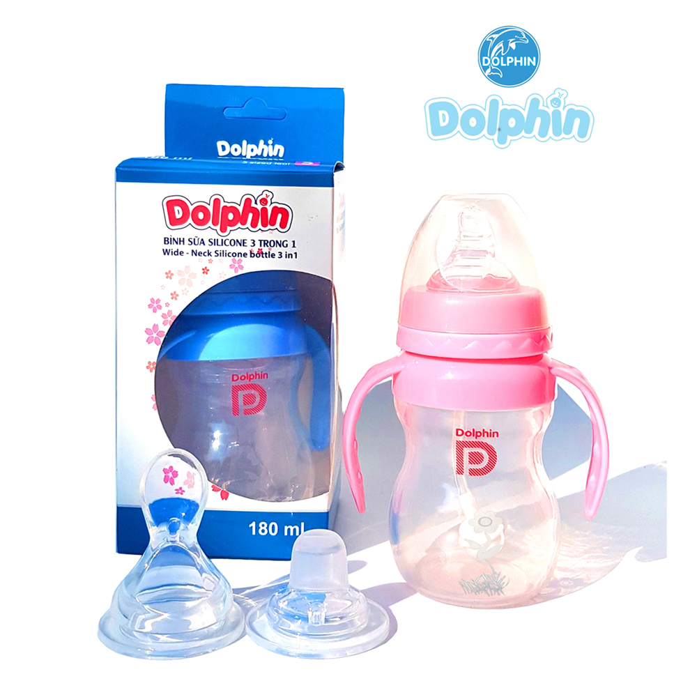 Bình Sữa Silicone Cổ Rộng 3 Trong 1 Dolphin 180ml