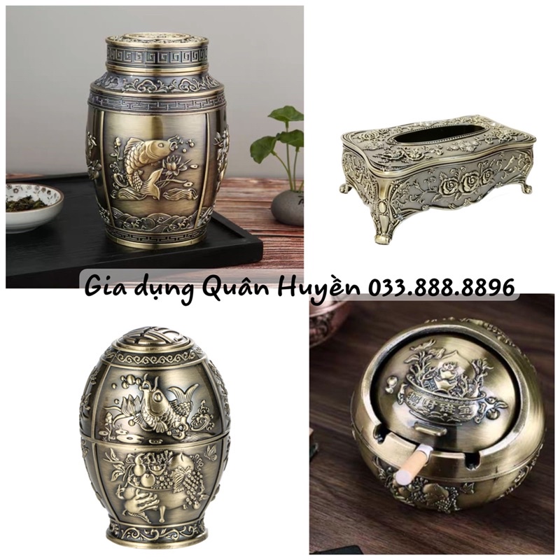 Bộ 4 món Đồng hoàng gia | Hộp đựng giấy Hộp đựng chè Lọ tăm Gạt tàn hợp kim hoạ tiết tân cổ điển