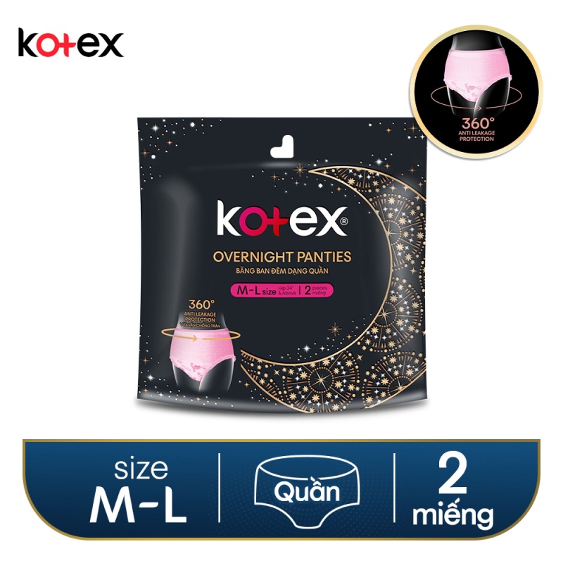Băng vệ sinh Kotex Đêm dạng quần vừa vặn chống tràn 360 size ML (2 miếng/gói)