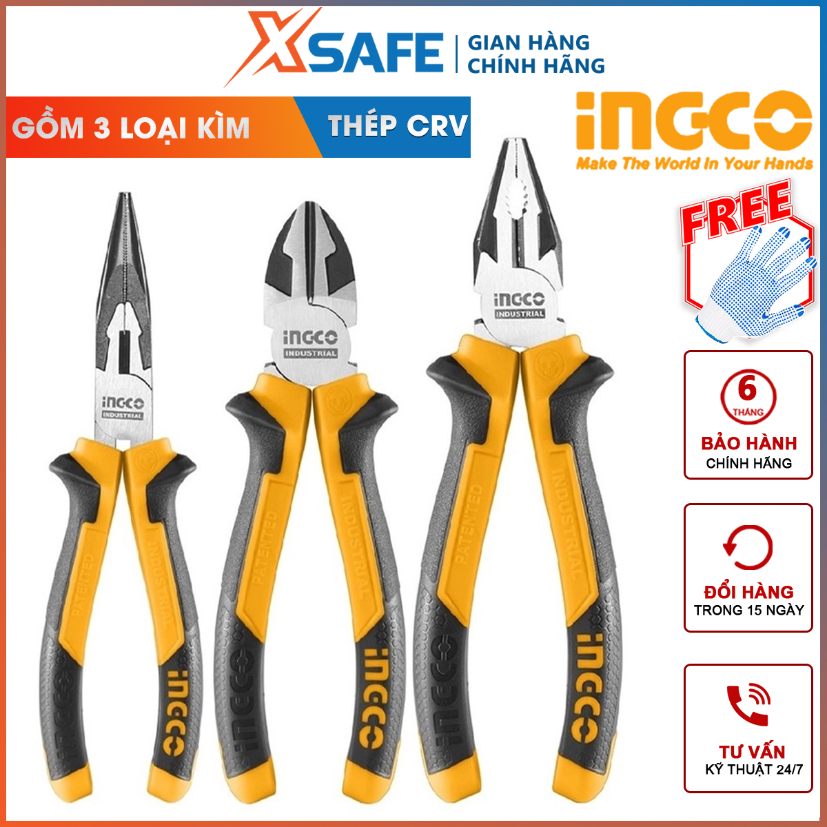 Set of 3 teeth pliers, cutting and pointed ingco HKPS28318 | needle nose pliers support cutting wire, clamp nut, contour cutting, clip Wire bending [genuine] [xsafe]