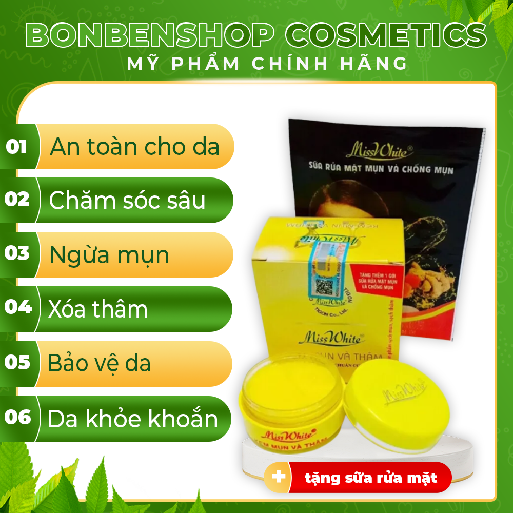 [HCM] Combo 2 hộp KEM MỤN NGỪA THÂM MISS WHITE 12G | Tặng kèm sữa rửa mặt MISS WHITE