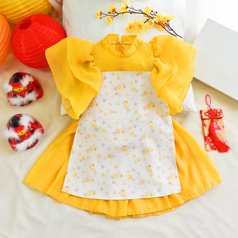 Áo dài bé gái 8-20kg chất tăm nhung cao cấp baby-s, áo dài cách tân cho bé họa tiết hoa nhí tay bồng xinh xắn – sad007