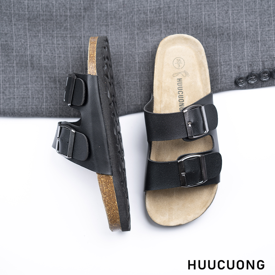 Dép đế trấu unisex 2 khóa da pu đen