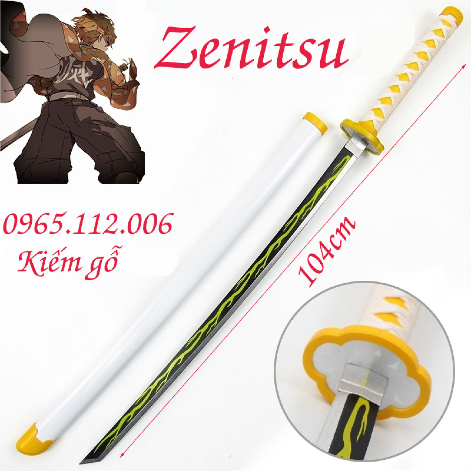 Kiếm gỗ Cosplay nhân vật Zenitsu trong Kimetsu no Yaiba bằng GỖ dài 1m Có