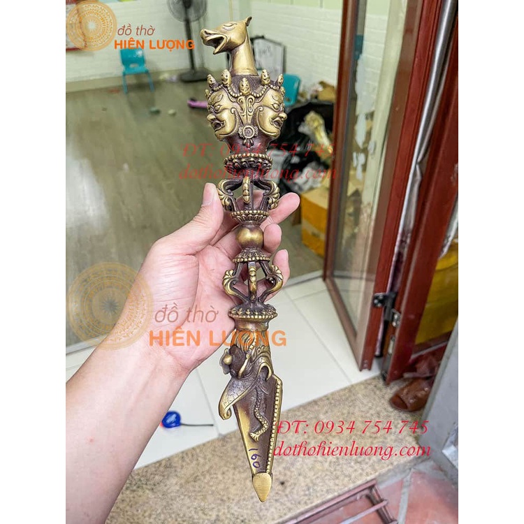 Dao Phurba Bằng Đồng Dài 37cm (Có chùy kim cang ở giữa) - Pháp Khí Mật Tông
