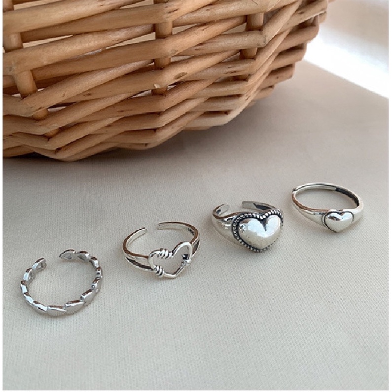 set 4 nhẫn trái tim phong cách retro cá tính