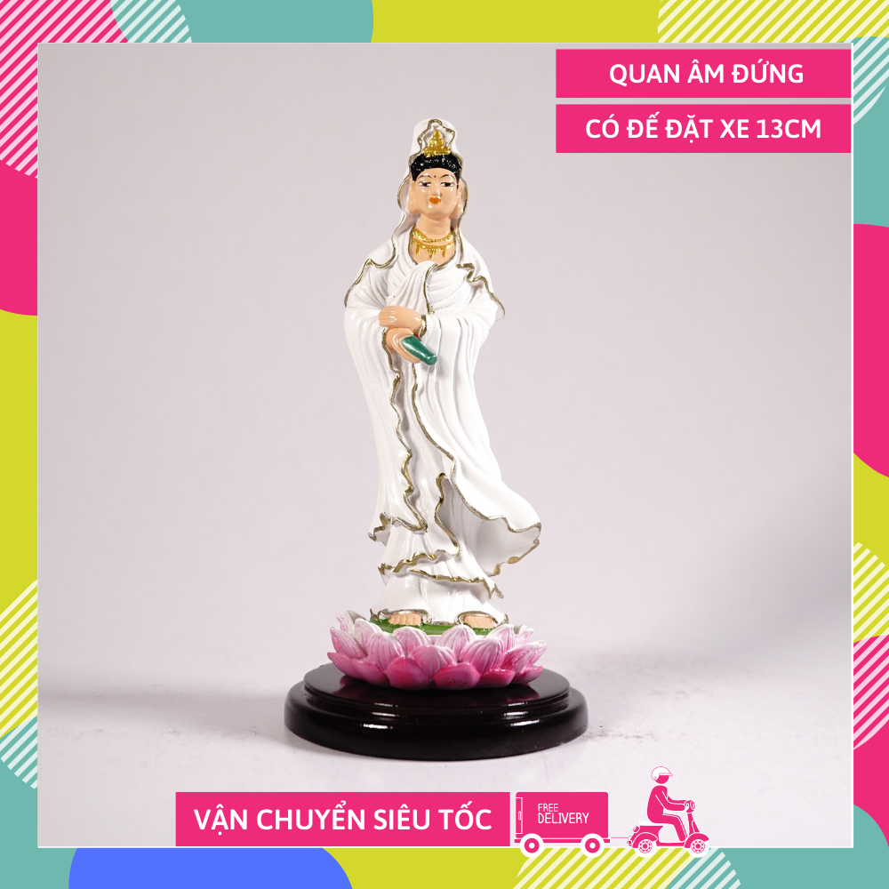 [HCM]Tượng phật Quan Âm Bồ Tát đứng có đế Vẽ màu áo trắng - Cao 13cm