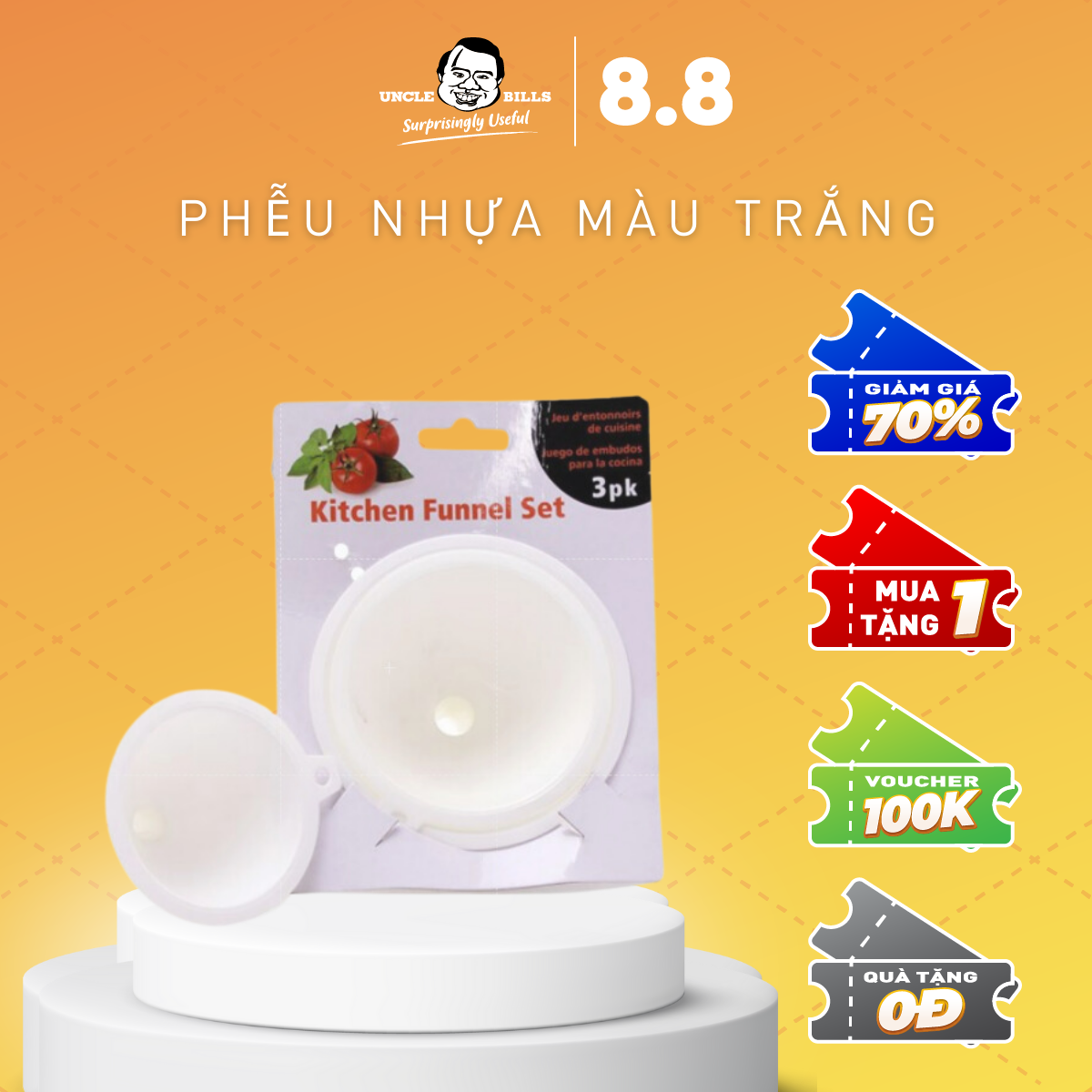 Phễu nhựa màu trắng có tay cầm bộ 3 cái Uncle Bills KA0144 Multicolor