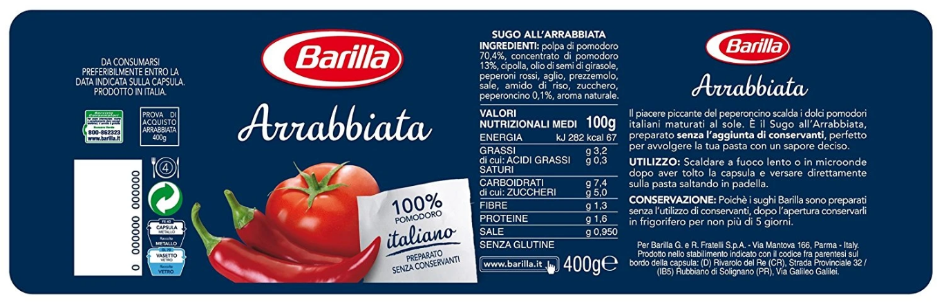 [400g - ARRABBIATA] XỐT CÀ CHUA ỚT [Italia] BARILLA Arrabbiata with Chilli Peppers (anm-hk)