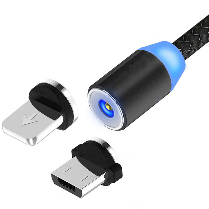 Cáp sạc từ hít nam châm 2 đầu Android và iPhone 360 độ dây dù,có LED