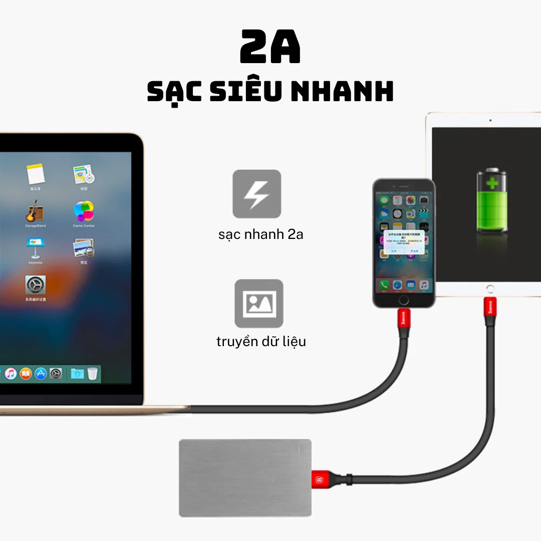 Cáp Sạc Nhanh Iphone 2A Baseus USB to Lightning Dây Sạc Nhanh Iphone Cáp Sạc Iphone 23cm