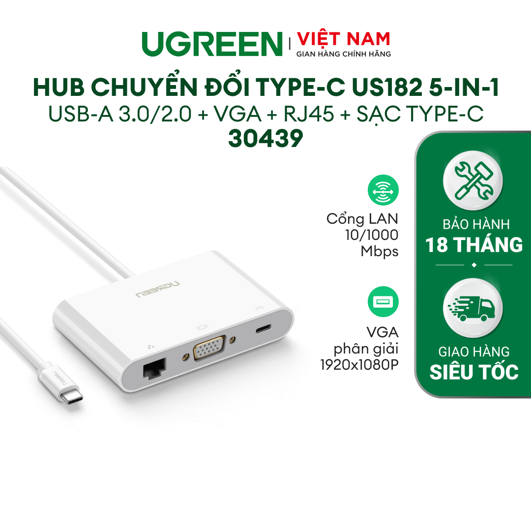 Cáp chuyển đổi đa chức năng USB Type C sang VGA + Hub USB 3.0 và USB2.0 hỗ trợ cổng Lan 10/100Mbps cao cấp UGREEN US182 30439 - Hãng phân phối chính thức