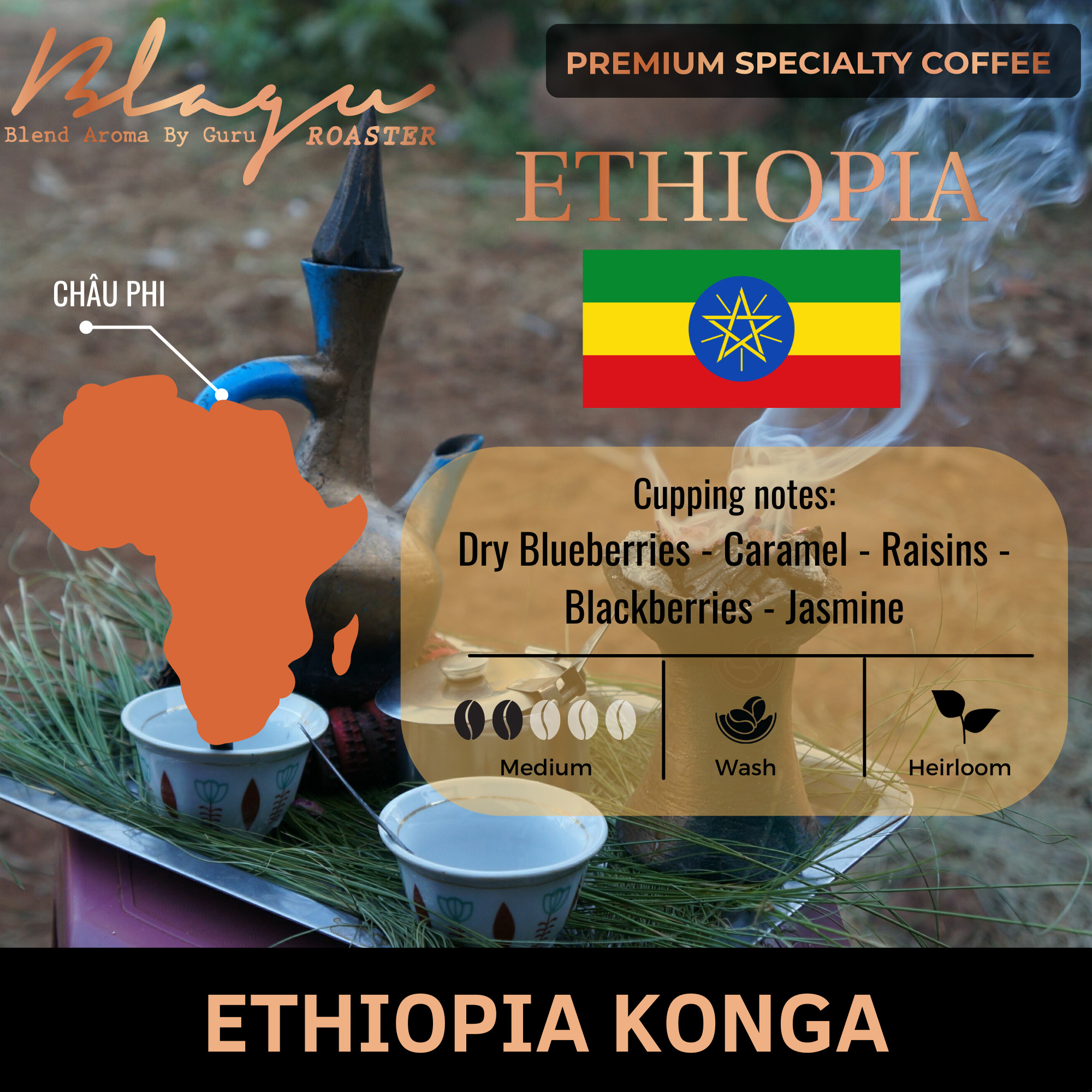 [Premium] Cà Phê Hạt Blagu Ethiopia Konga  100%Arabica  Light-Medium  250g