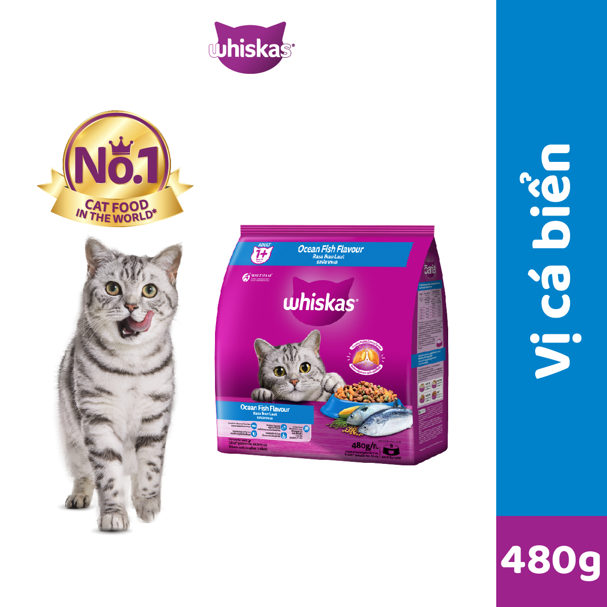 [Quà tặng không bán] Thức ăn mèo Whiskas vị cá biển túi 480g