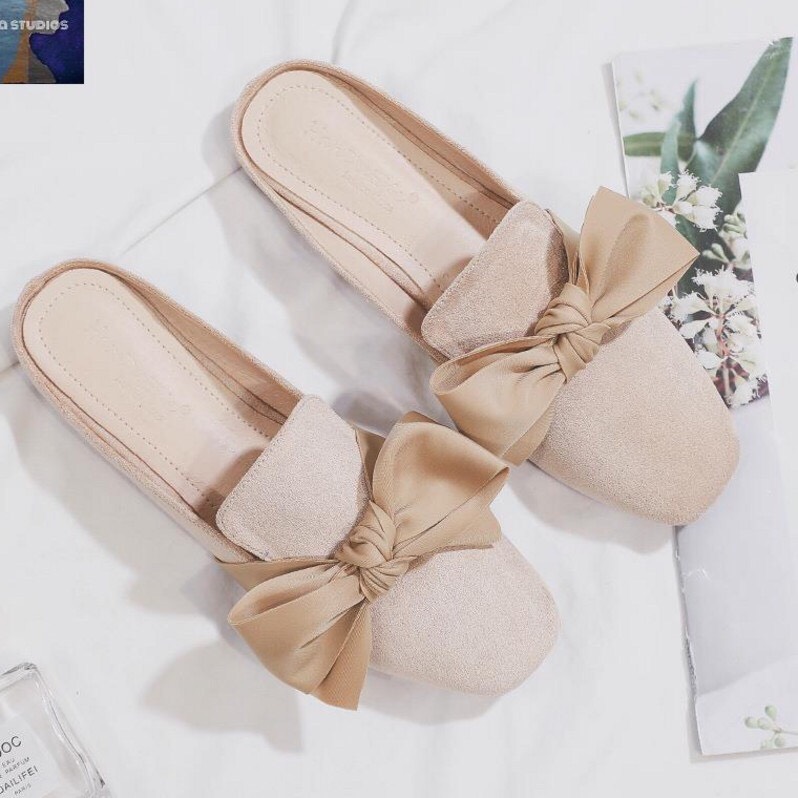 Giày bệt nữ thắt nơ lụa bản to chất dạ mát  cực xinh