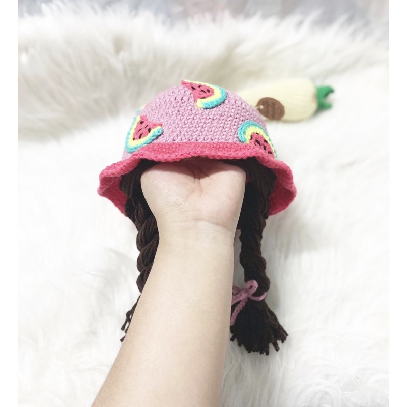 [Crochet] Mũ Len Dưa Hấu ?? Bím Tóc Xinh Cho Bé