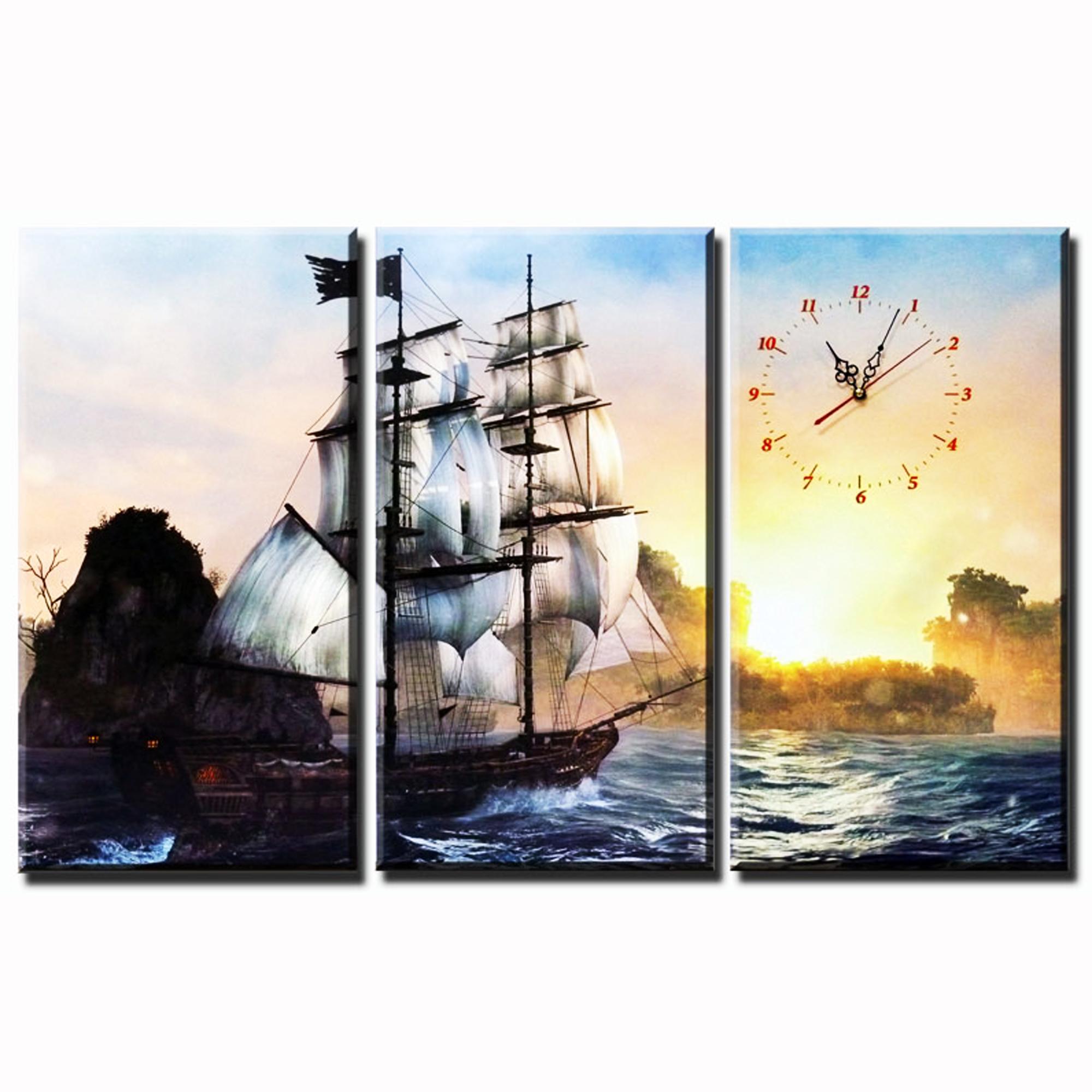 Tranh treo tường - Thuận buồm xuôi gió 02 - Tranh Minh Hiền ( 3 TRANH GHÉP CÓ ĐỒNG HỒ - KT 60 x 90cm)
