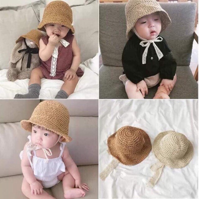 Mũ cói vành buộc dây chống nắng phong cách Hàn siêu yêu cho bé từ 2 đên 5 tuổi