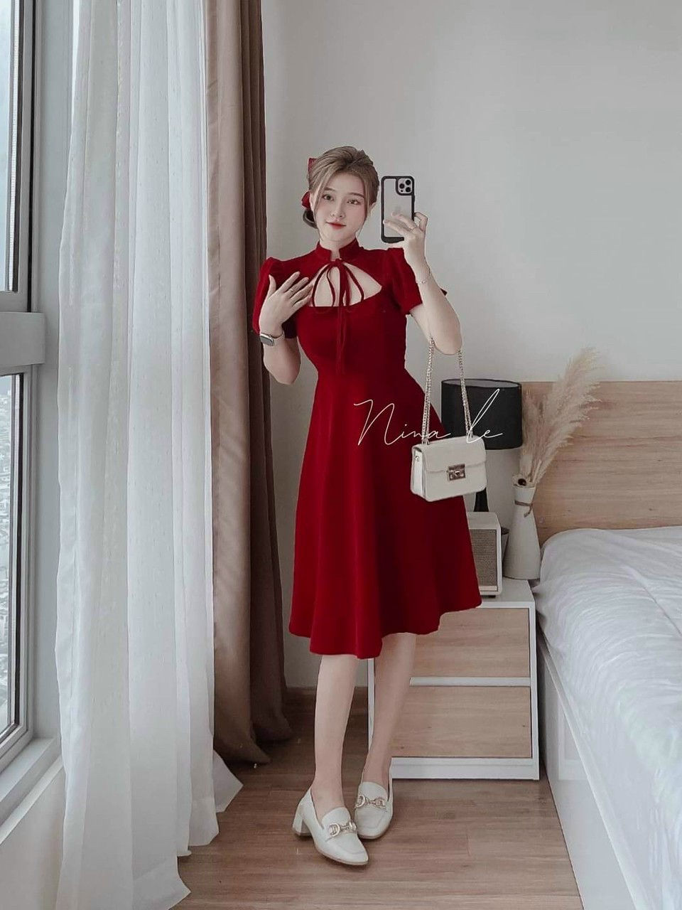 đầm xòe cổ cột nơ xinh xắn